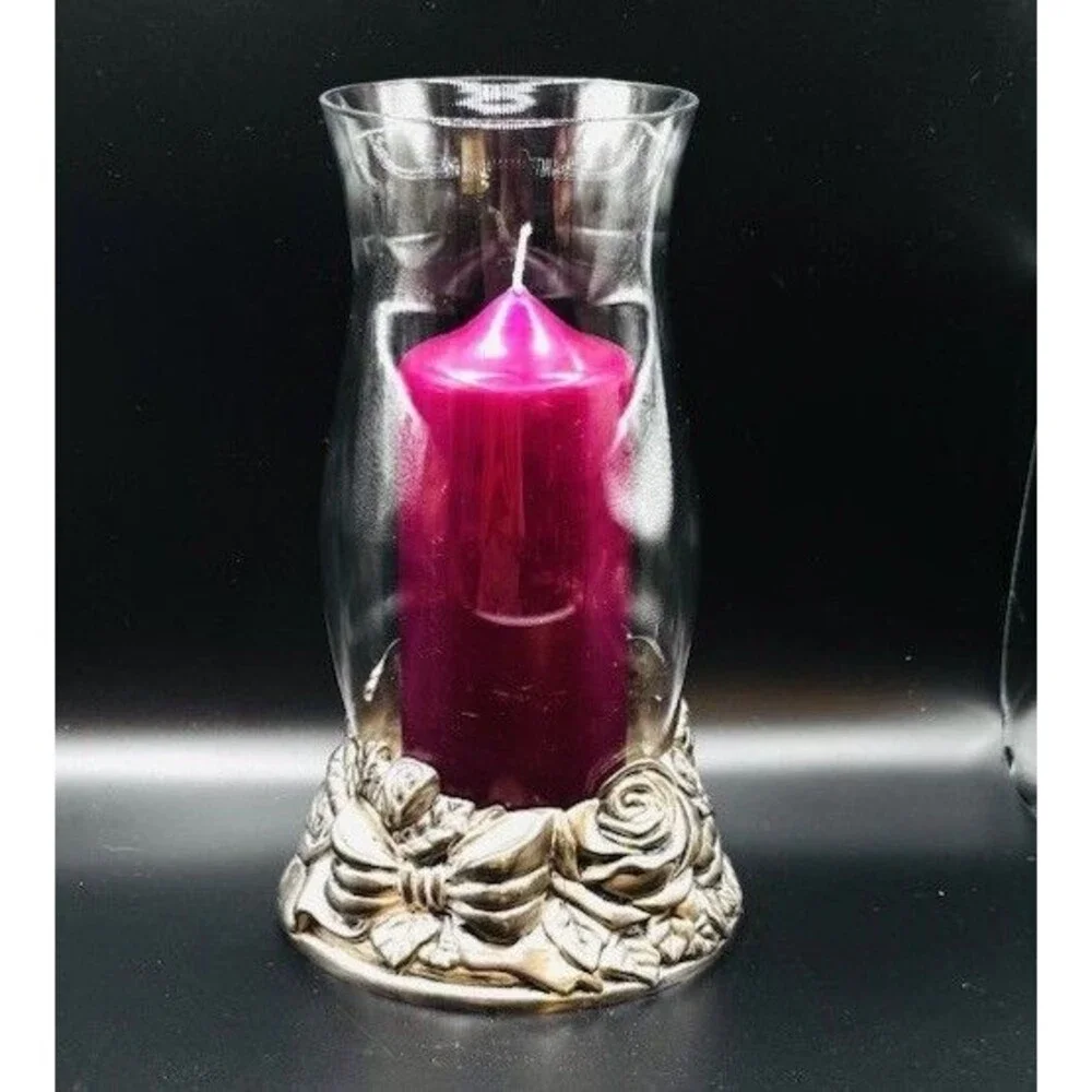 Vintage Silver Tone Rose Bow Hurricane Candle Holder Glass Chimney 10” Floral